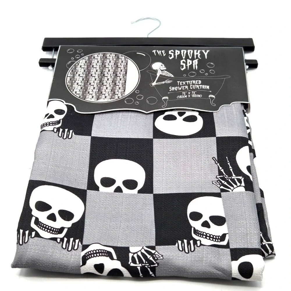 The Spooky Spa Skulls Textured Shower Curtain Black & White Halloween 72